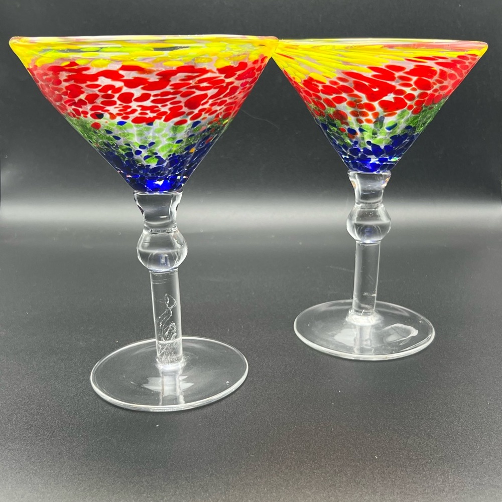 Mexican Hand Blown Multi Colored Confetti Martini Glasses